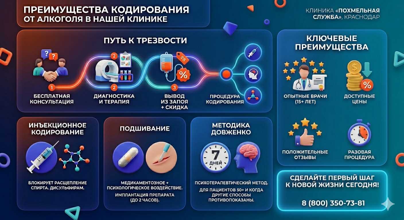 Инфографика о методах кодирования от алкоголя в Сосенском: инъекции, подшивание, метод Довженко. Преимущества клиники и этапы лечения.
